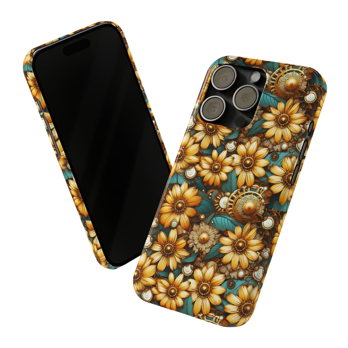 Victorian Steampunk Gold Flowers Teal Background with Gears and Mechanical Elements Iphone 15-12 Slim Phone Case