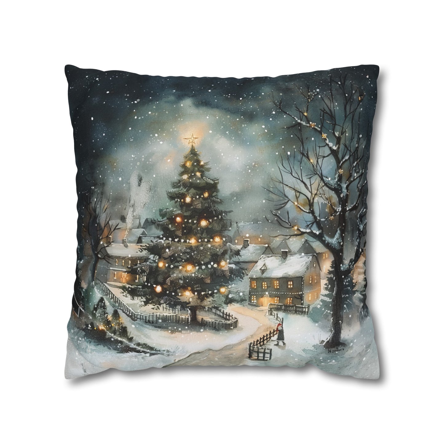 Winter Wonderland Glow: Christmas Tree Illuminating a Snowy Village Spun Polyester Square Pillowcase 4 Sizes