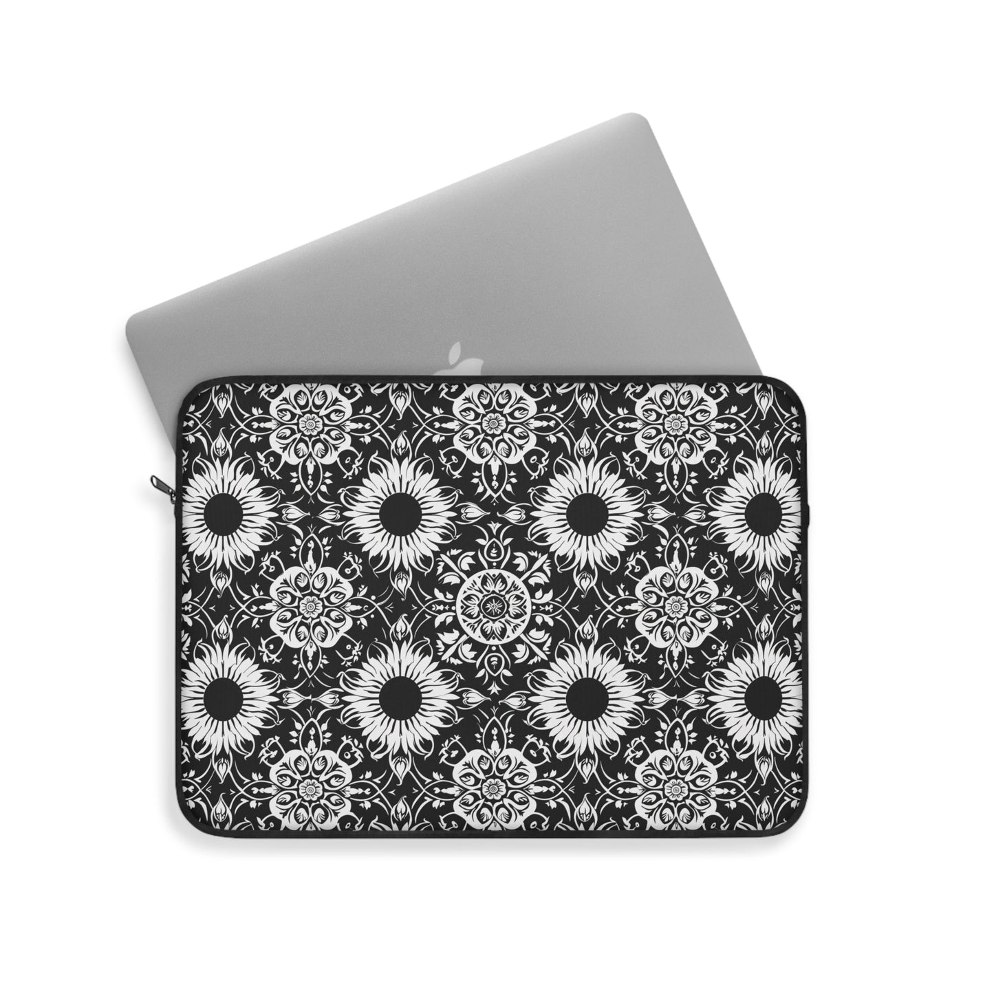 Elegant Mandala Design with Black and White Sunflowers Laptop or Ipad Protective Sleeve 3 Sizes Available