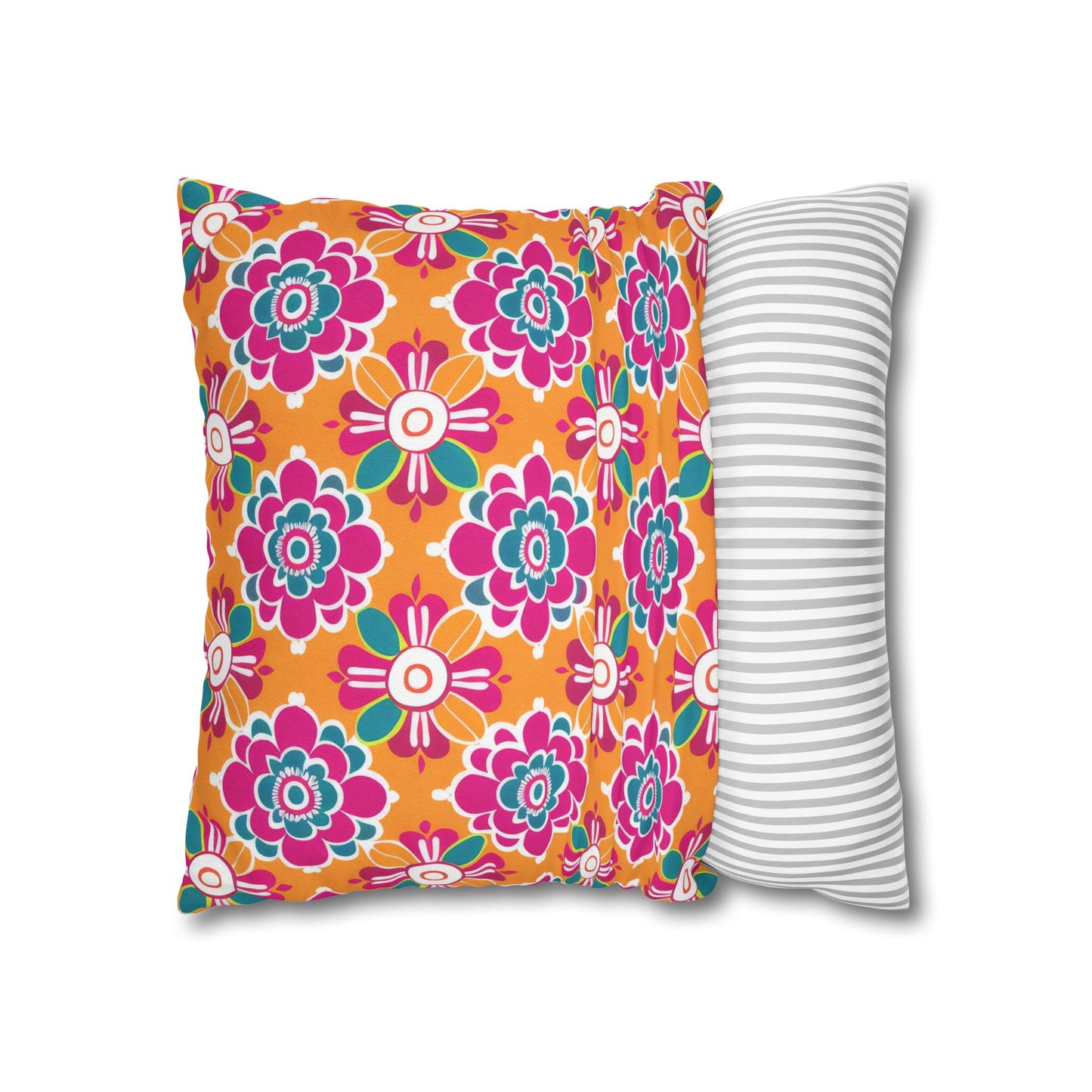 Array of Stylized Floral Motifs in Vivid Pink, Teal, and White Set Against a Warm Orange Backdrop Spun Polyester Square Pillowcase 4 Sizes