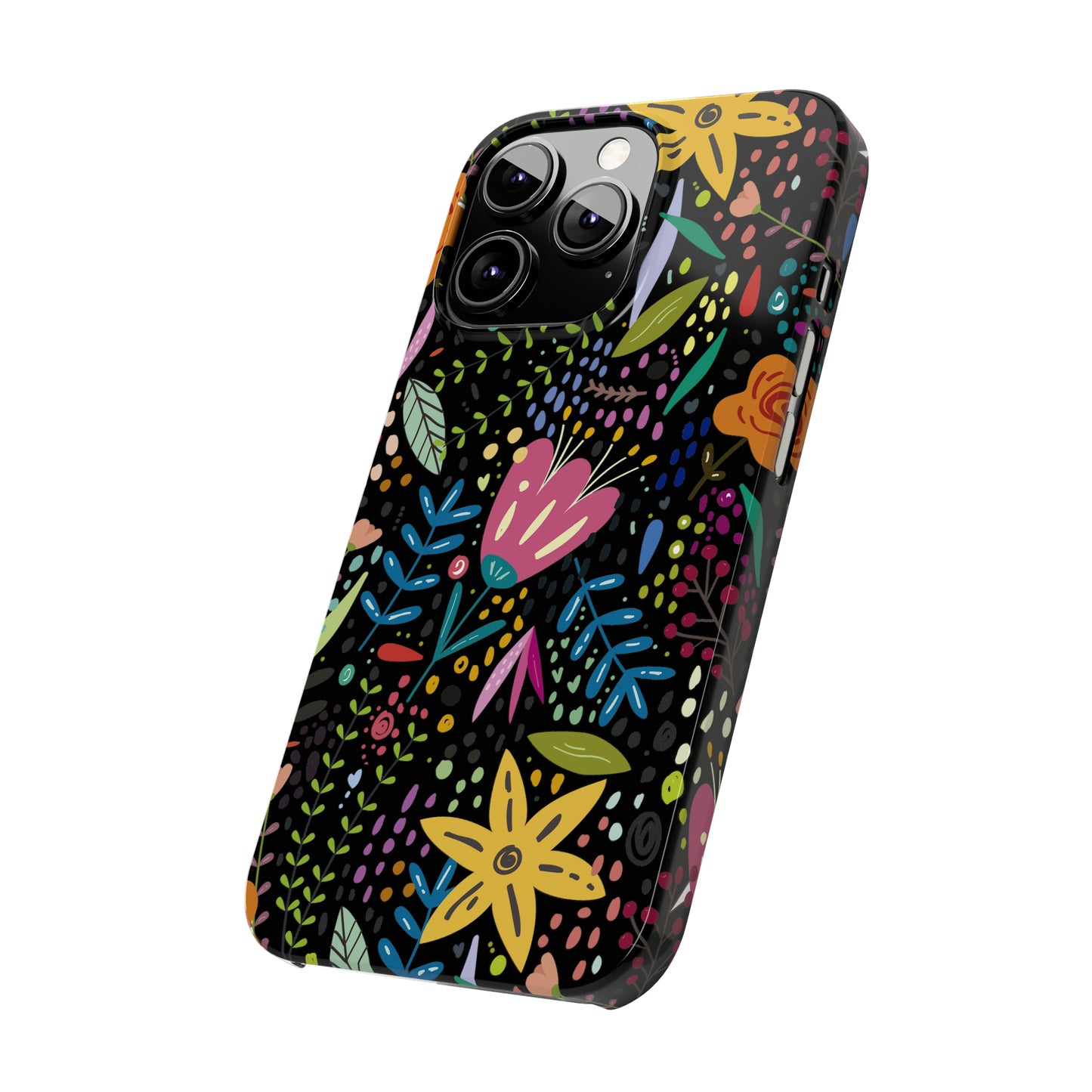 Springtime Splendor: Hand-Drawn Flowers Bursting with Vibrant Colors Design on Black Iphone 15-12 Slim Phone Case