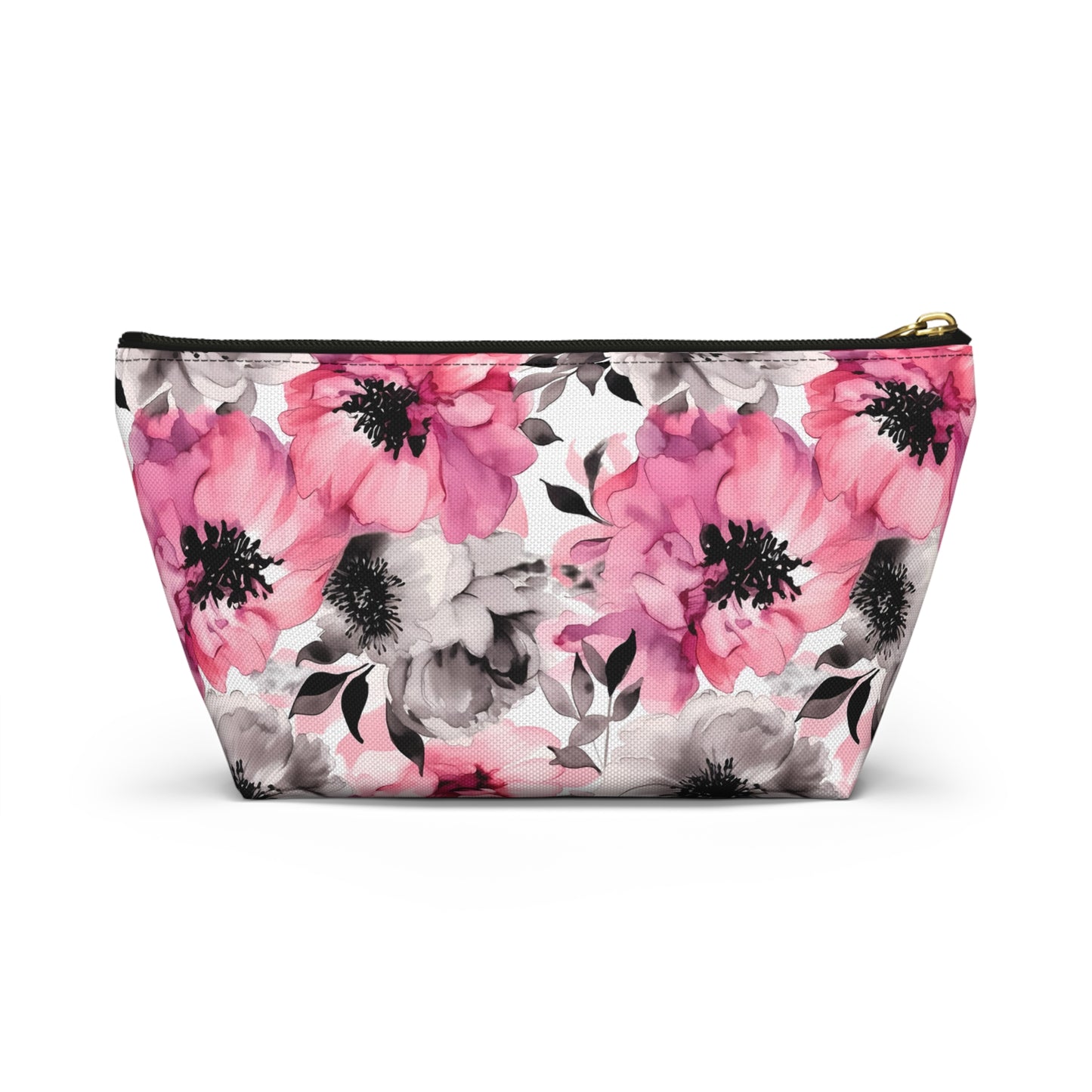 Graceful Elegance: Large Pink and Grey Watercolor Flower Design - Makeup & Accessory Bag 2 Sizes