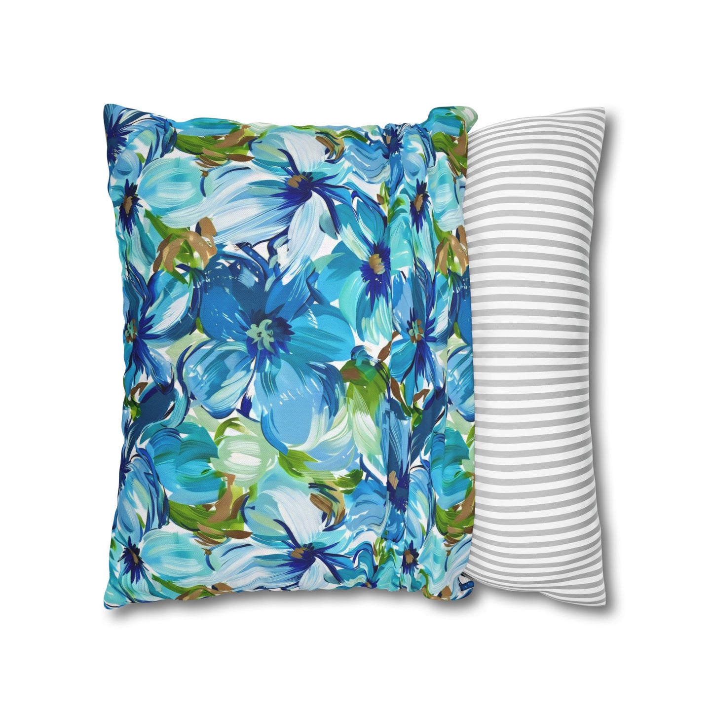 Large Blue Watercolor Flowers with Gentle Accents of Brown and Green Spun Polyester Square Pillowcase 4 Sizes