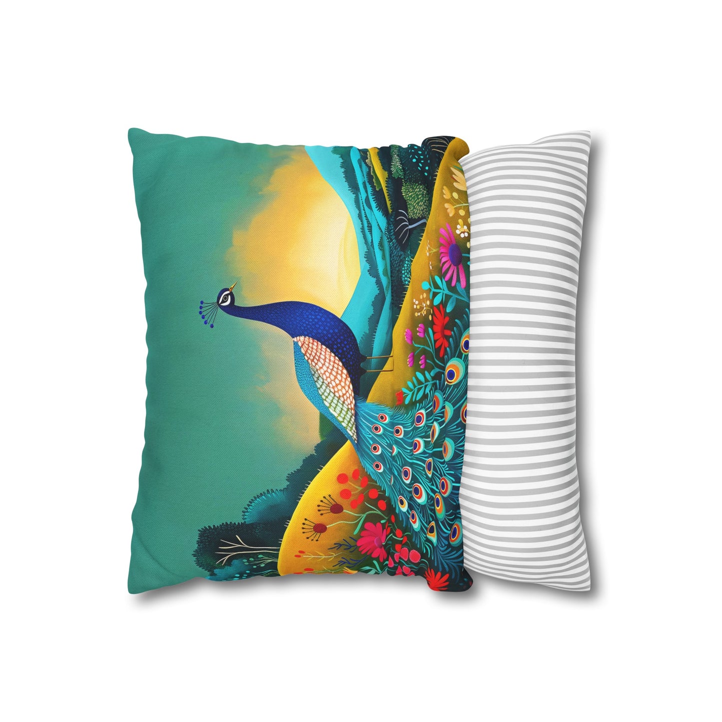 Radiant Peacock with Colorful Enchanted Garden and Sunrise Spun Polyester Square Pillowcase 4 Sizes