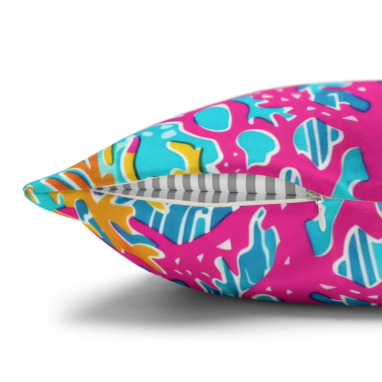 Coral Symphony: Bright Pink, Yellow, and Coral Dancing in the Blue Ocean Spun Polyester Square Pillowcase 4 Sizes