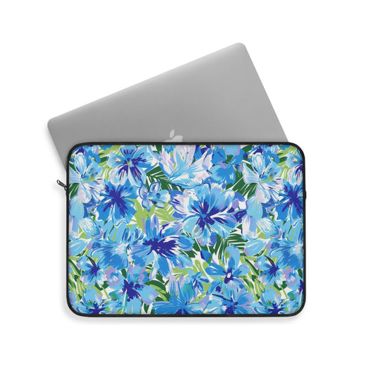 Azure Bloom Oasis: Bright Blue Large Flowers with Lush Green Palm Leaves Laptop or Ipad Protective Sleeve Three Sizes Available