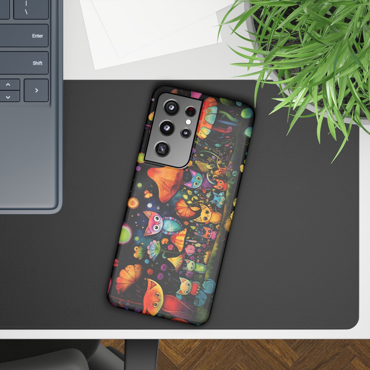 Mystical Cats Amidst a Garden of Flowers and Mushrooms, Beneath a Starry Sky Samsung Slim Cases