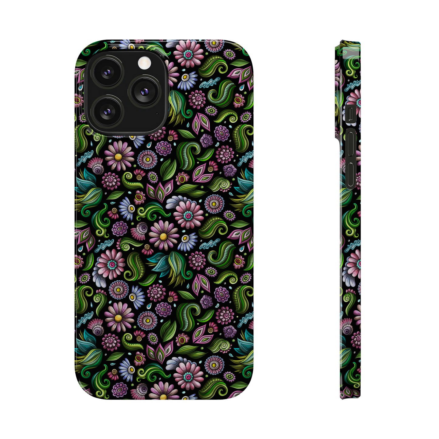 Purple & Pink Daisy Floral Print on Black Background Iphone 15-12 Slim Phone Case