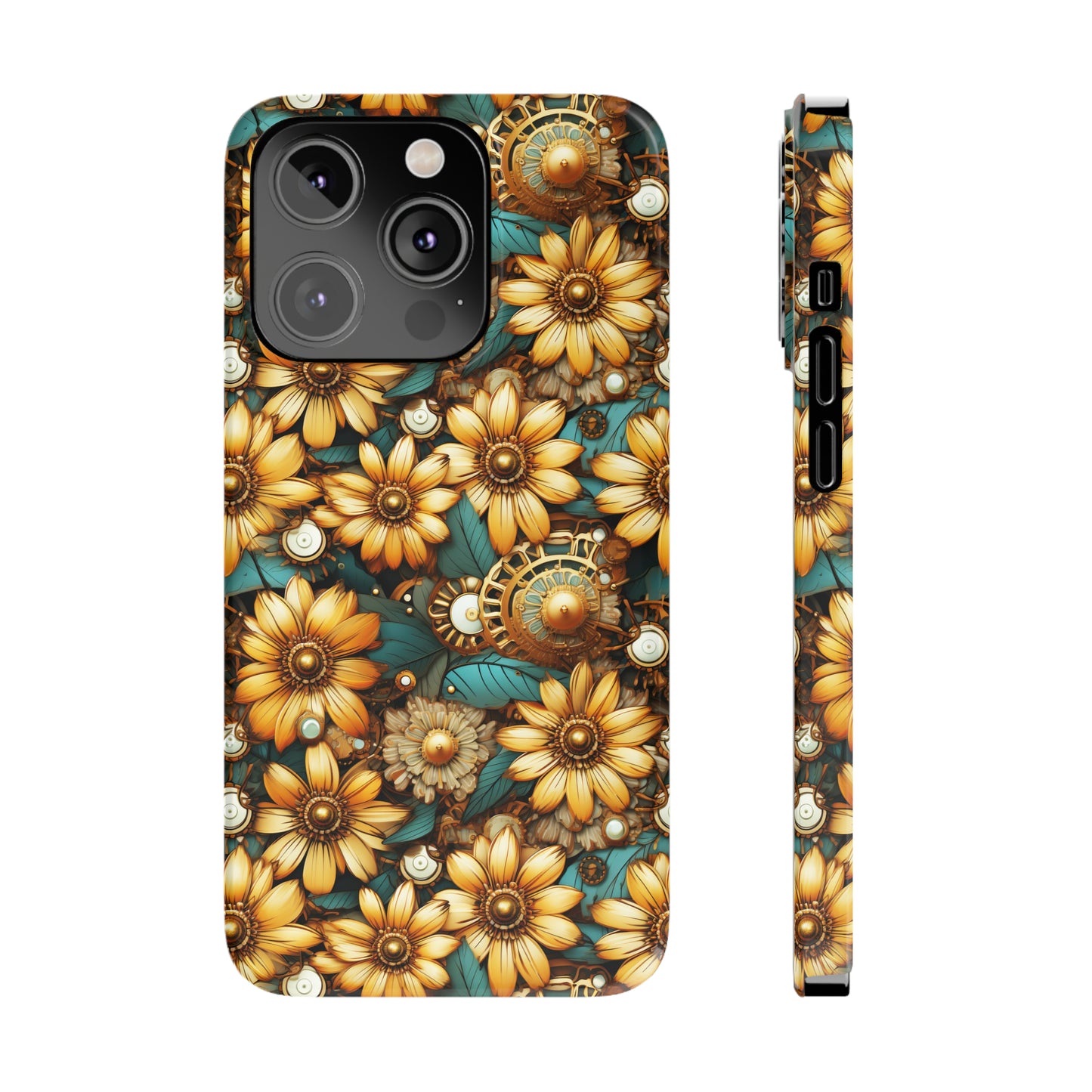 Victorian Steampunk Gold Flowers Teal Background with Gears and Mechanical Elements Iphone 15-12 Slim Phone Case