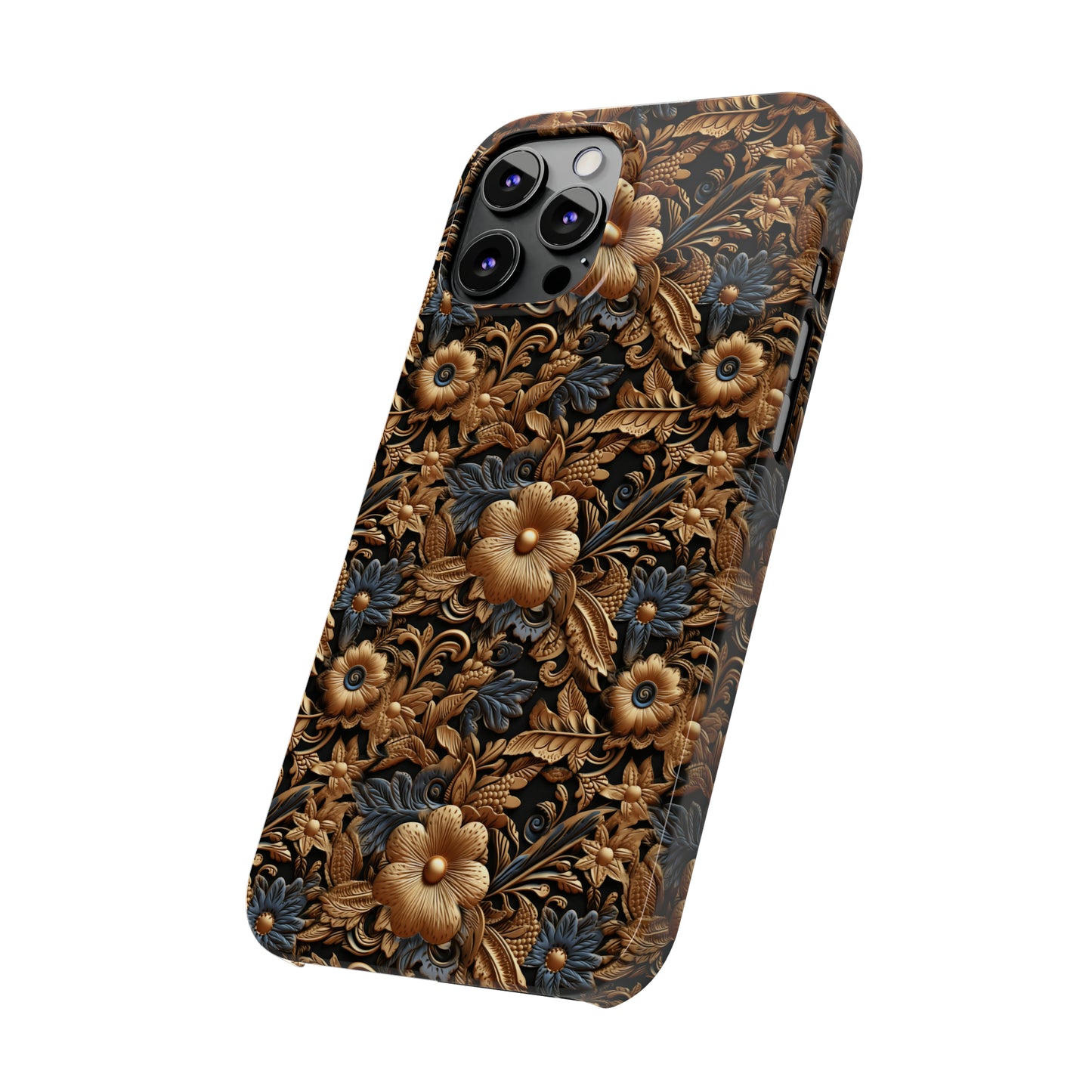 Tooled Leather Gold Flowers with Blue Leaves Accent Print Design Iphone 15-12 Slim Phone Case