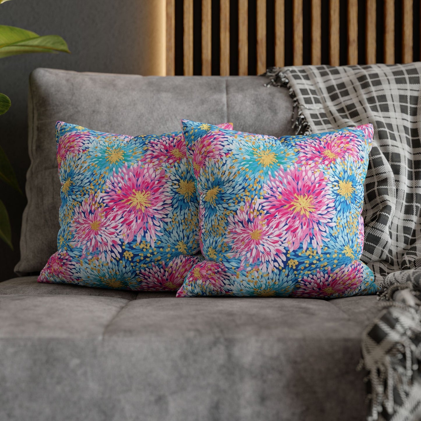 Pastel Harmony: Watercolor Chrysanthemums in Pink, Blue, and Yellow Spun Polyester Square Pillowcase 4 Sizes