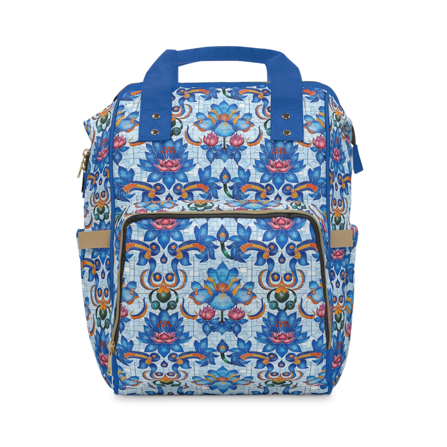 Majestic Mosaic Blossoms Vibrant Blue and Pink Floral Tile Design Multifunctional Diaper Backpack