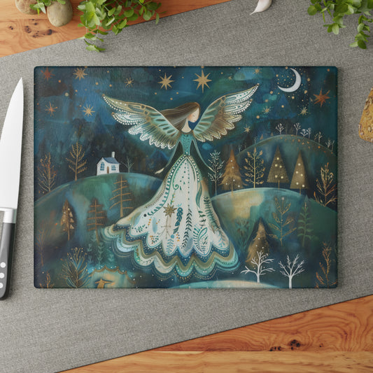 Starry Serenade: Angel in Flowing Dress Amidst a Starry Night Glass Cutting Board 2 Sizes