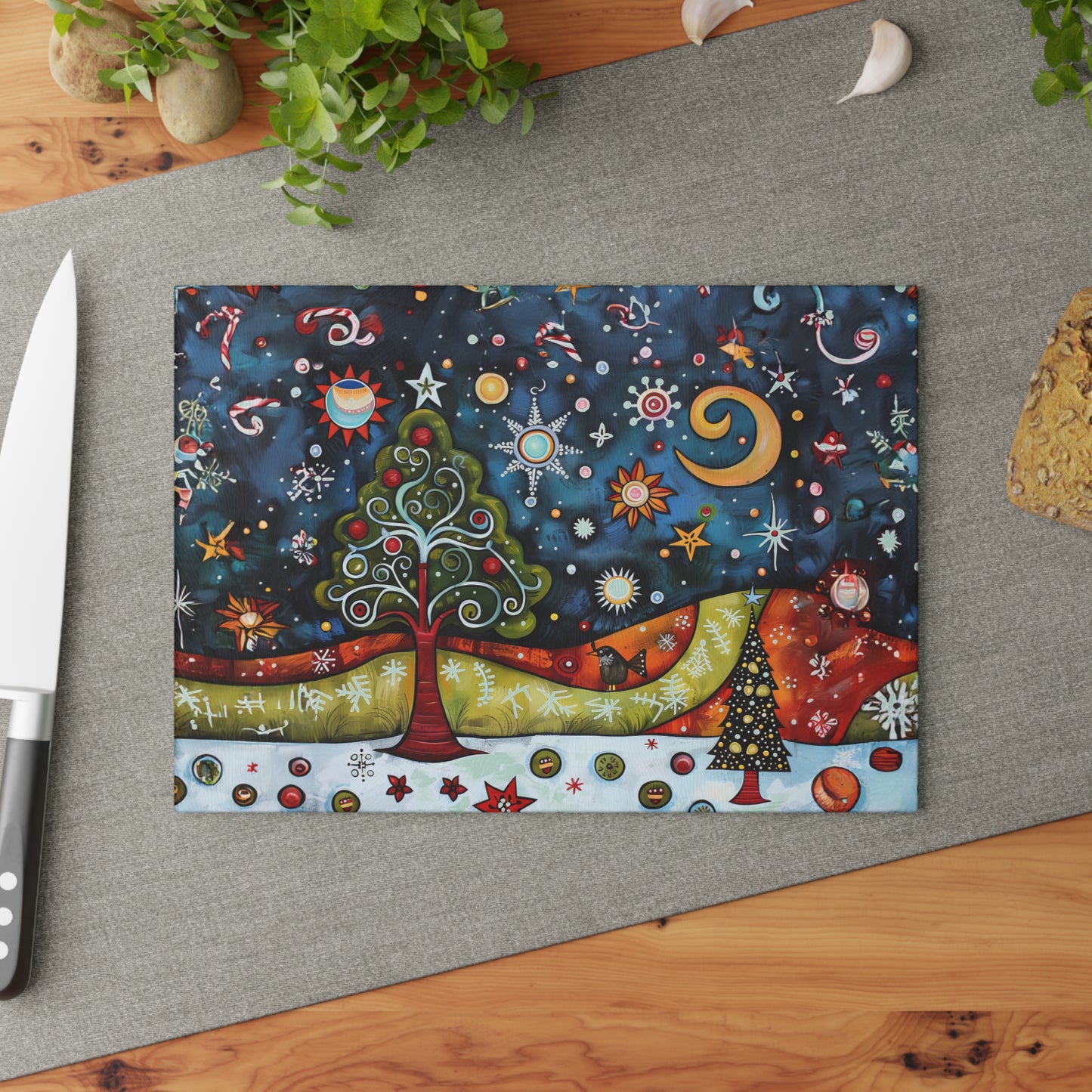 Whimsical Winter Village: Abstract Folk Art Christmas Scene Glass Cutting Board 2 Sizes