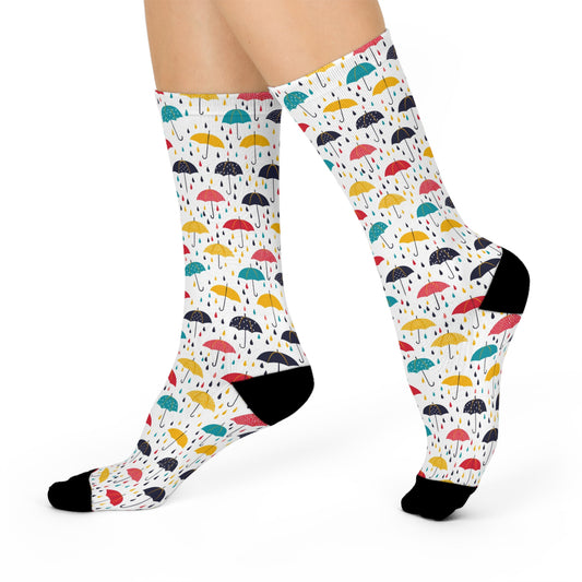 April Showers in A Cheerful Dance of Colorful Umbrellas and Playful Raindrops Cushioned Crew Socks