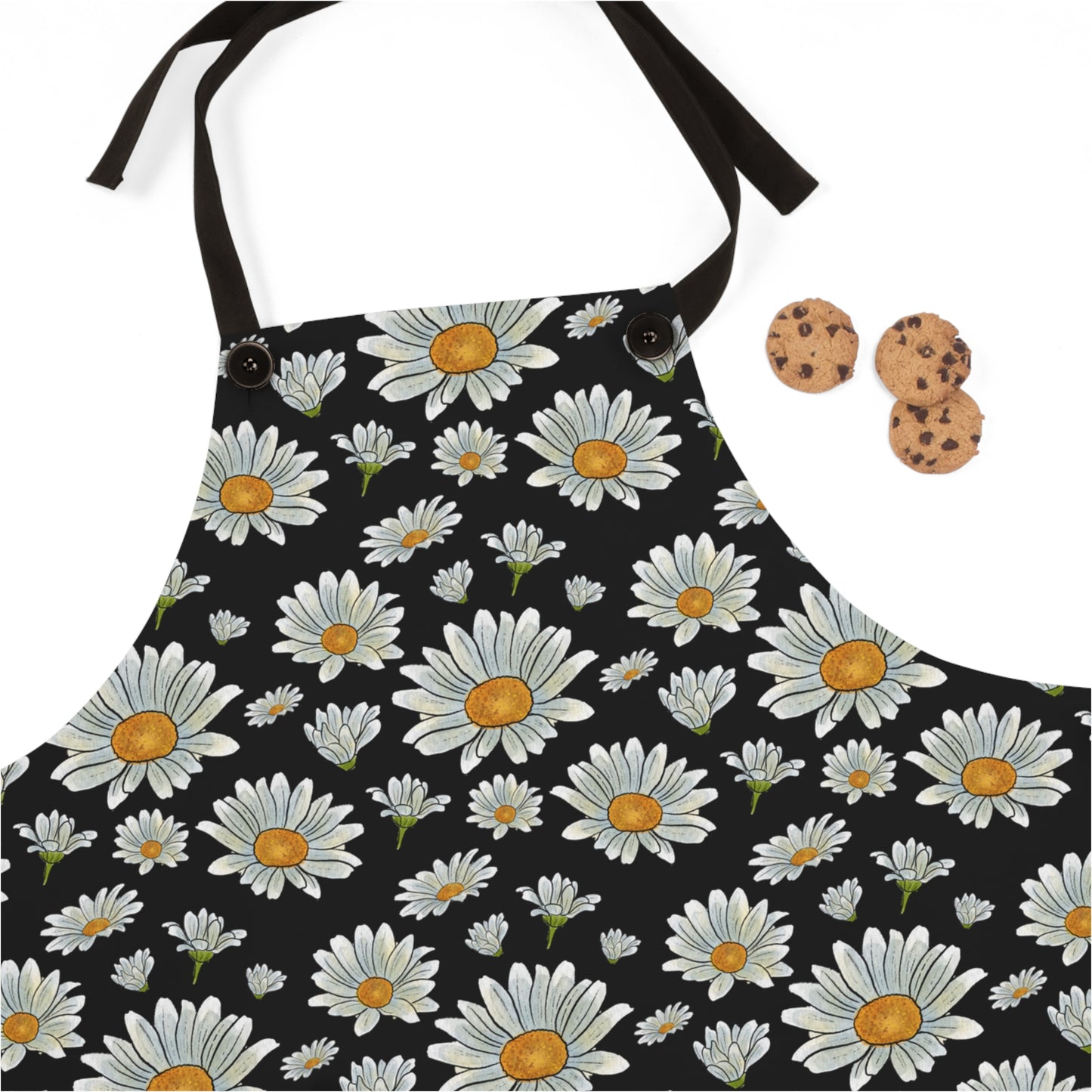 Large Watercolor Summer Daisies Blooming Against a Bold Black Background - Kitchen Chef Apron