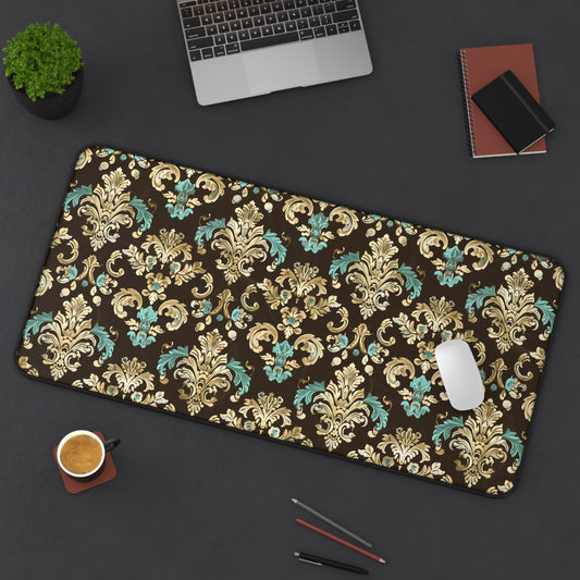 Luxurious Rococo Pattern of Ornate Brown and Teal Floral Scroll Design Gaming Mouse Pad  Desk Mat  - 3 Sizes