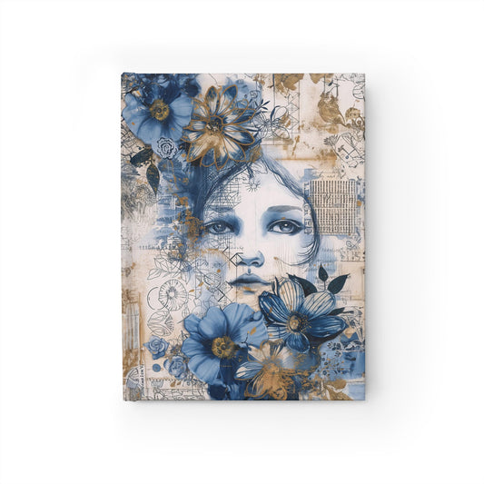 Woman's Enigmatic Gaze Amidst a Sea of Blue Flowers - Hardcover Ruled Line Journal 5" x 7"