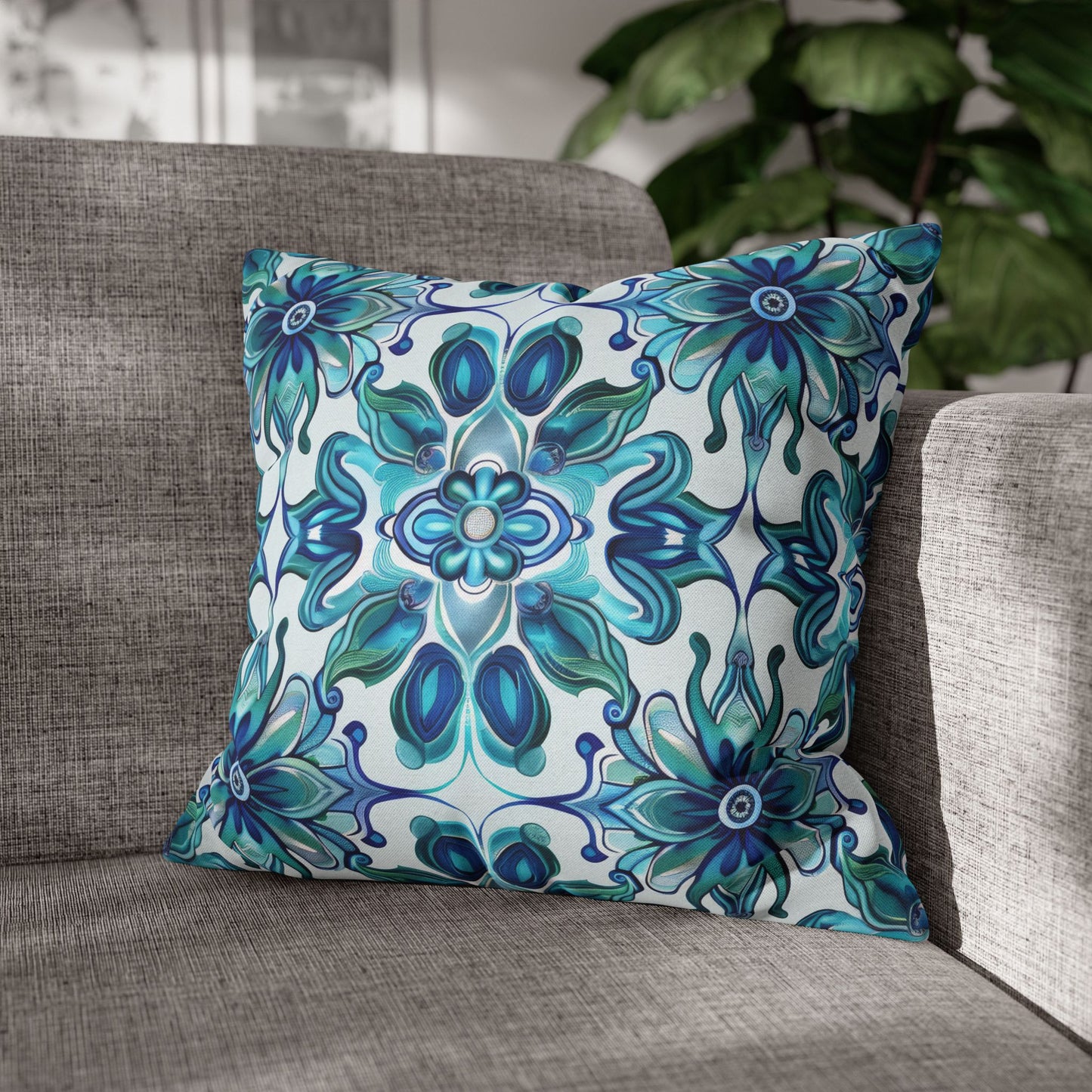 Exquisite Blue Lotus Elegance Floral Mosaic Design Spun Polyester Square Pillowcase 4 Sizes