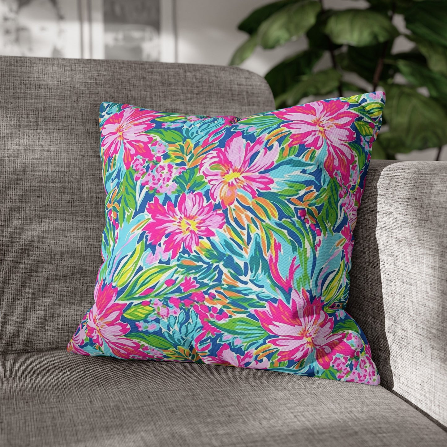 Sunlit Symphony: Large Blooms of Pink, Blue, and Green in Watercolor Spun Polyester Square Pillowcase 4 Sizes