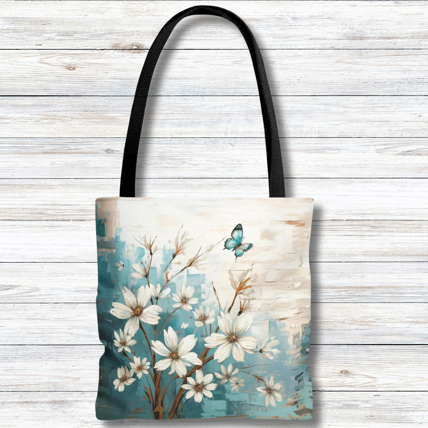 Rustic Farmhouse White and Teal Wild Daisies and Butterflies  - Canvas Tote 3 Sizes