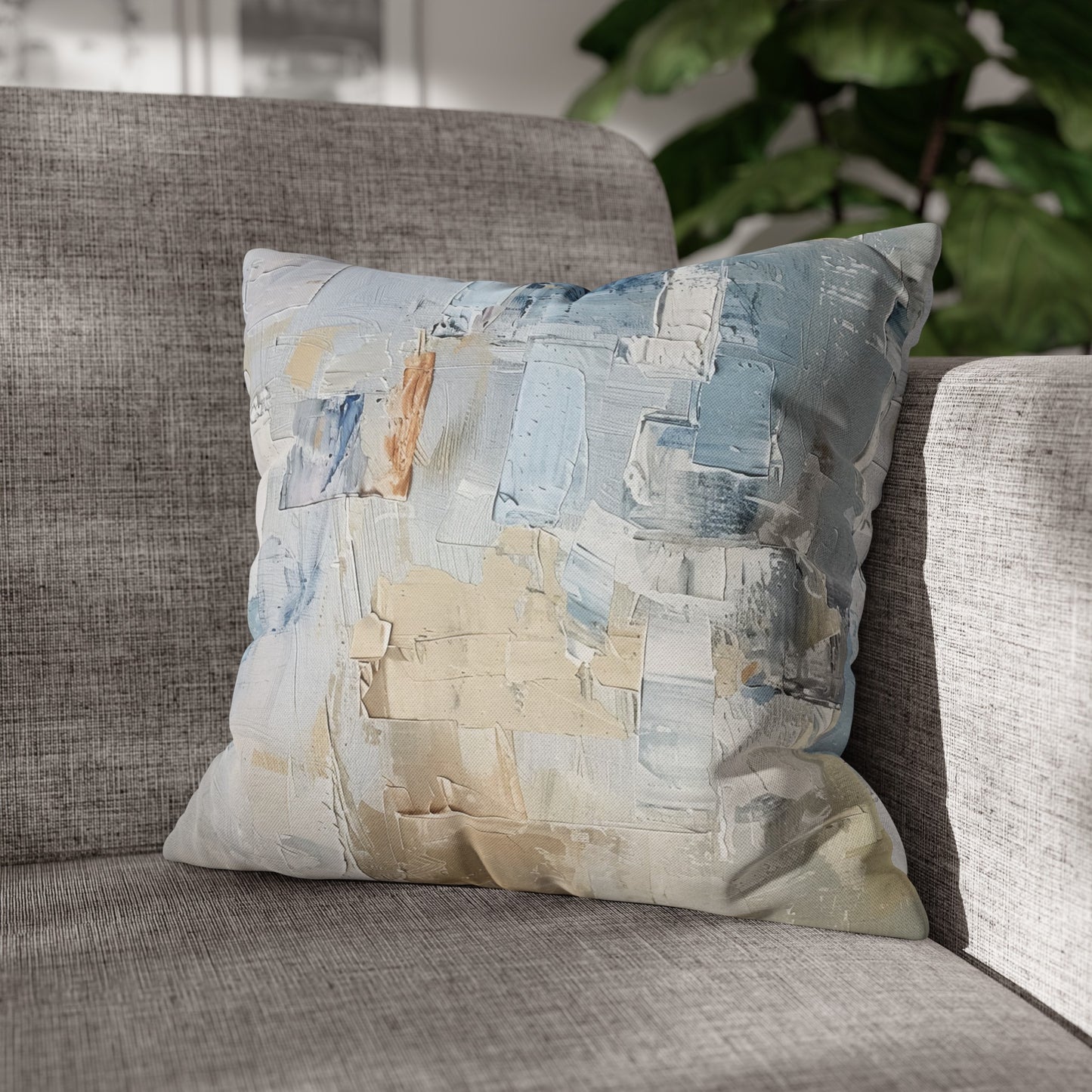 Bold Contrasts Abstract Tan, Grey and Blue Color Blocking with Heavy Strokes Spun Polyester Square Pillowcase 4 Sizes