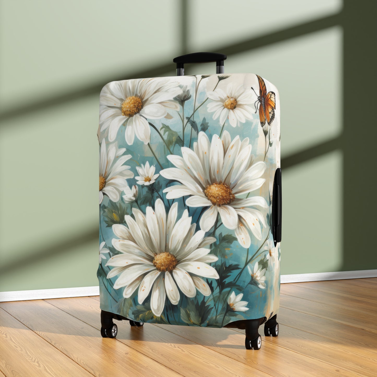 Rustic Farmhouse Teal and White Wild Daisies and Butterflies  - Luggage Protector and Cover 3 Sizes