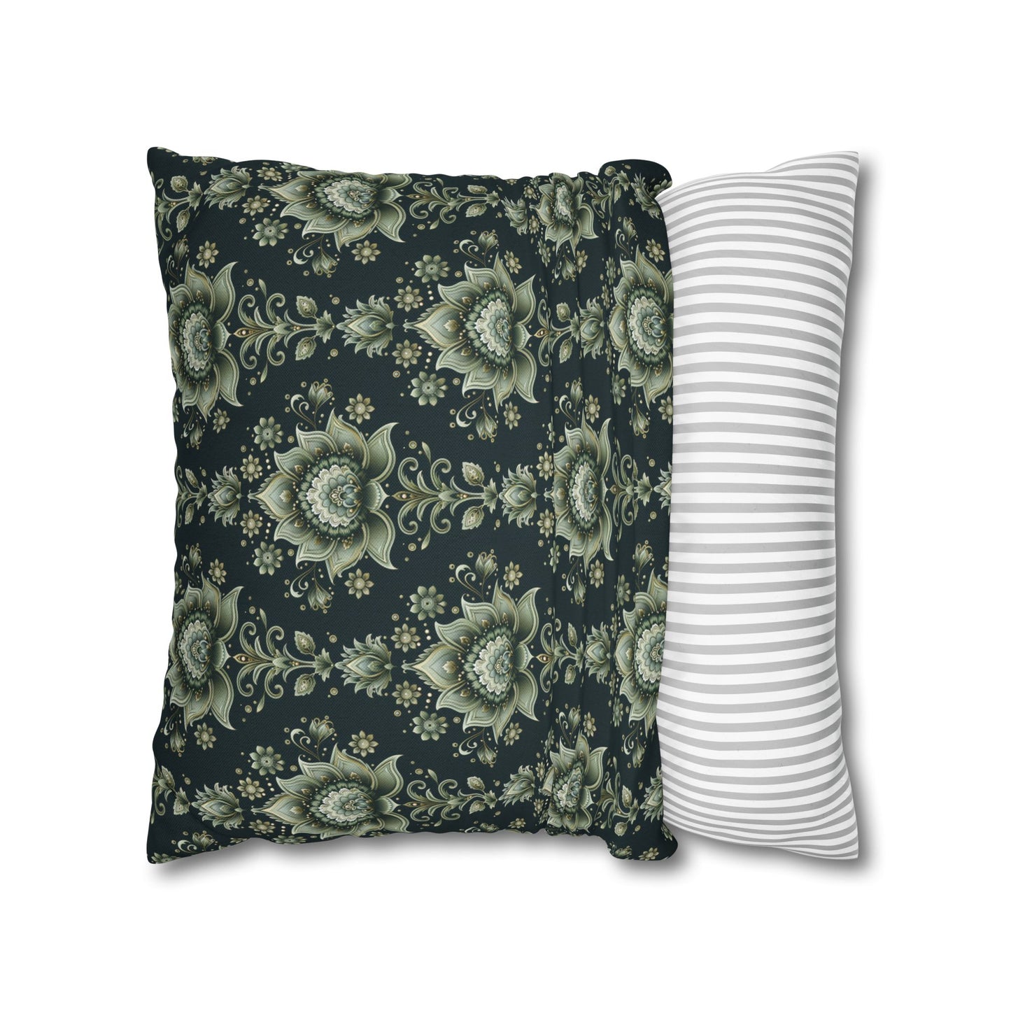 Ornate Green Mandala with Golden Accents on Dark Background Polyester Square Pillowcase 4 Sizes