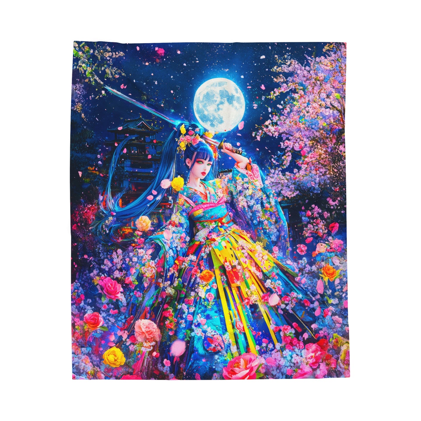 Moonlit Warrior in Enchanting Vibrant Kimono Amid Cherry Blossoms Velveteen Plush Blanket 3 Sizes