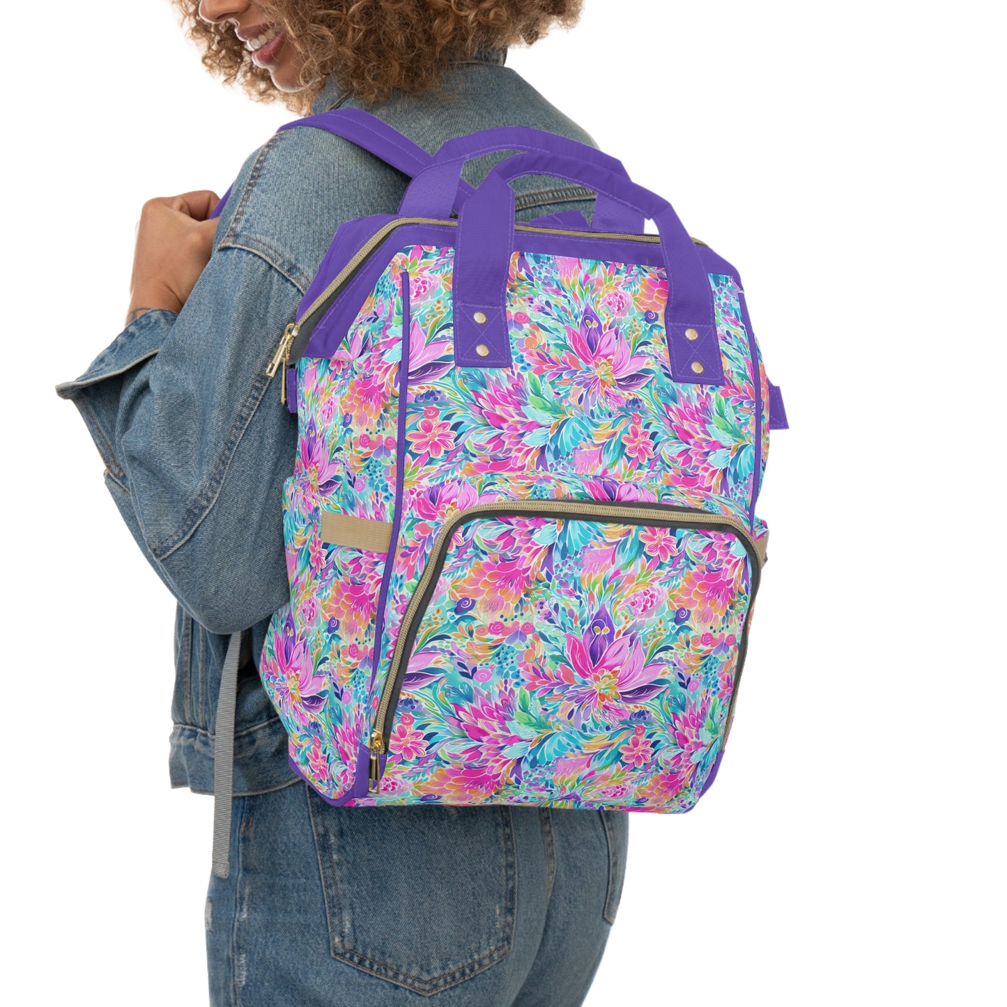 Tropical Prism: Rainbow Watercolor Flowers in Full Bloom Multifunctional Diaper Backpack