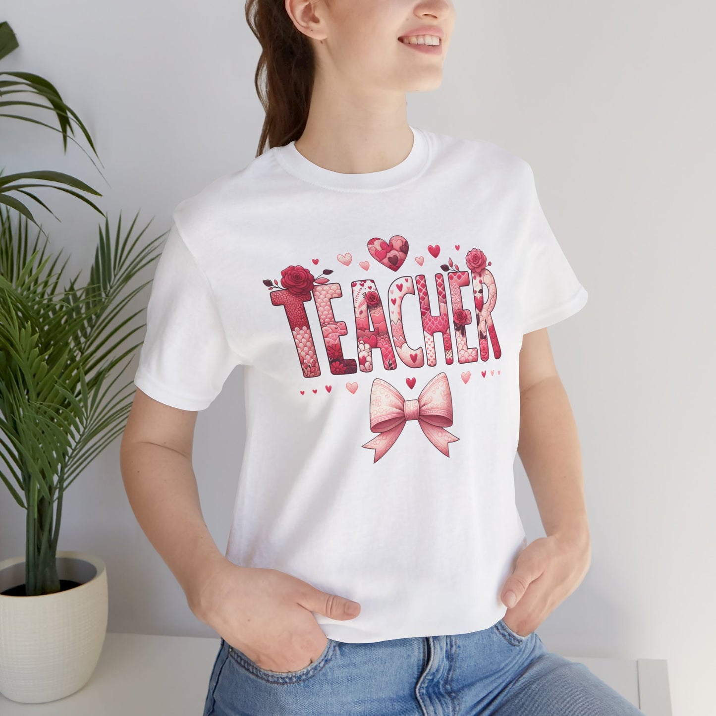 Coquette Teacher Valentines Hearts Bows Theme Print Jersey Short Sleeve T-shirt