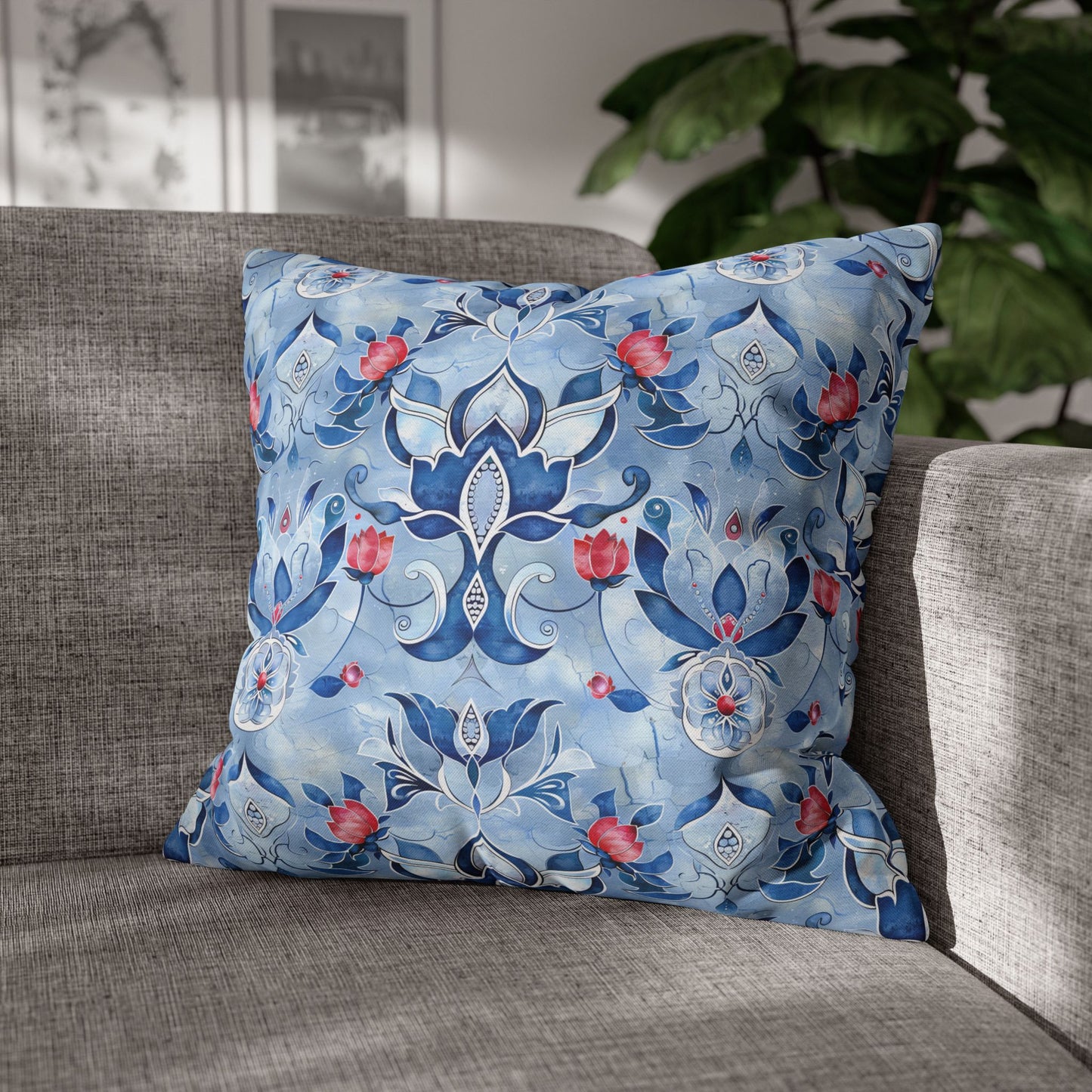 Enchanting Blue and Pink Lotus Mosaic Spun Polyester Square Pillowcase 4 Sizes