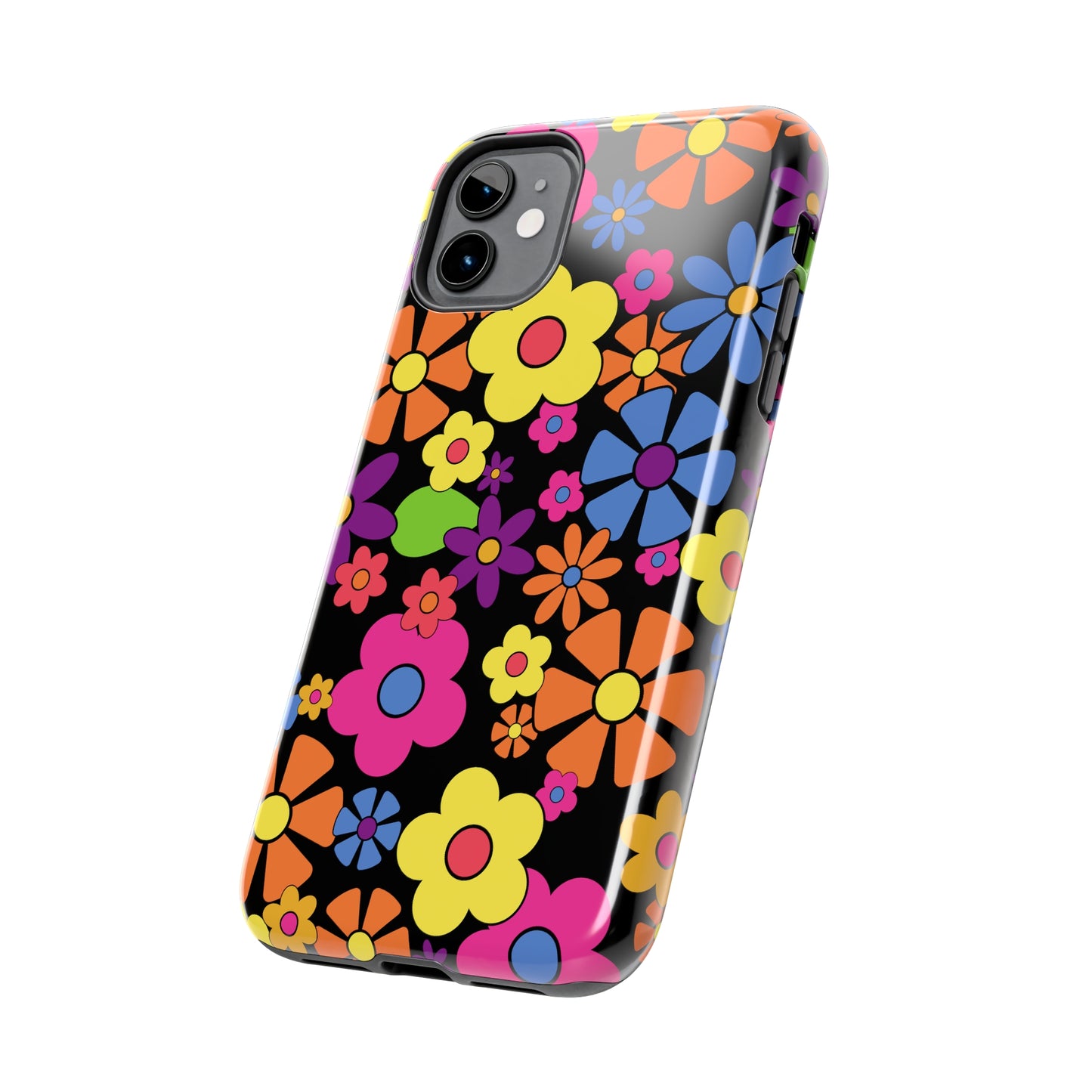 Flower Power Design on Black Background Iphone Tough Phone Case