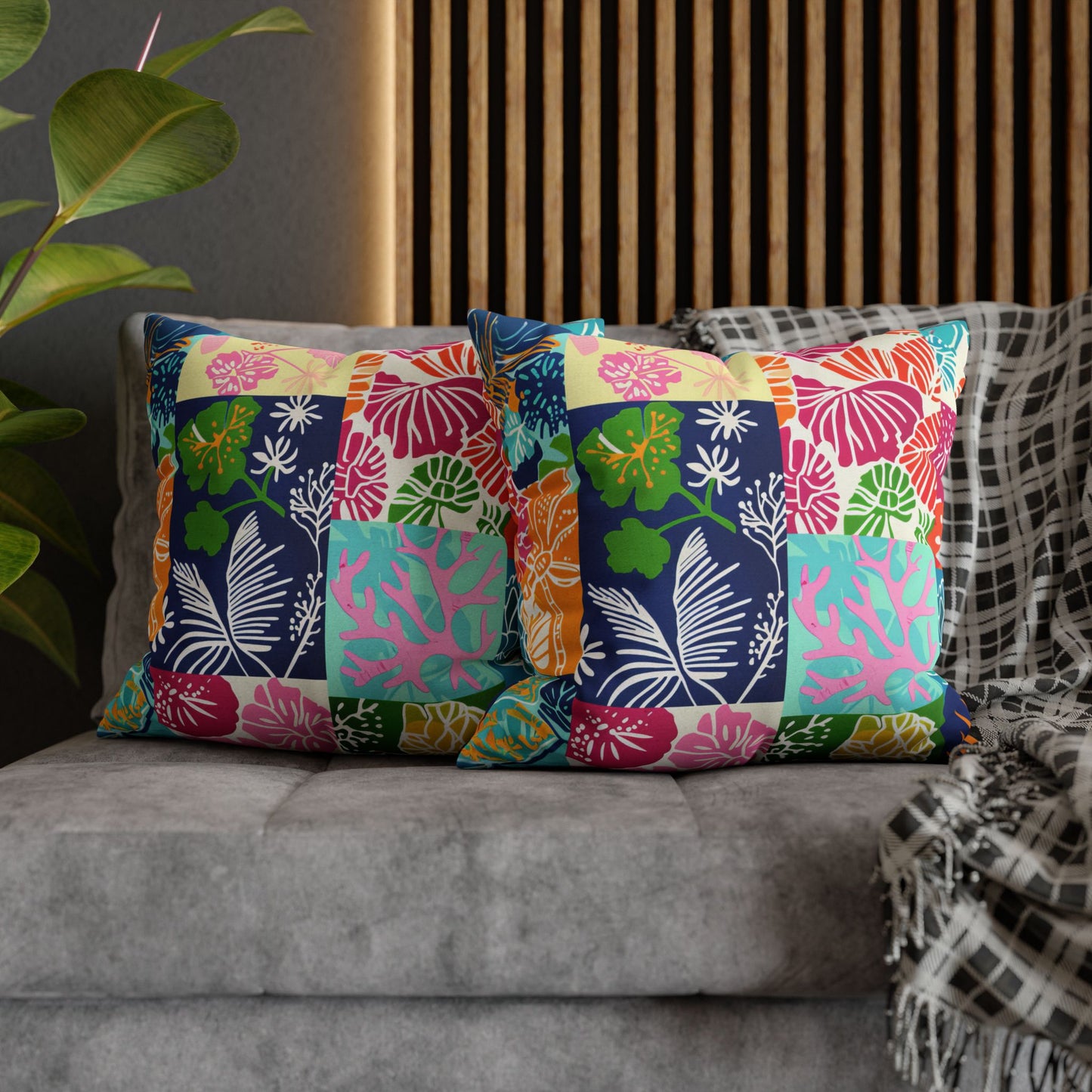 Vibrant Mosaic of Tropical Unique Shapes and Hues, from Vivid Oranges to Deep Blue Leaves and Flowers Spun Polyester Square Pillowcase 4 Sizes