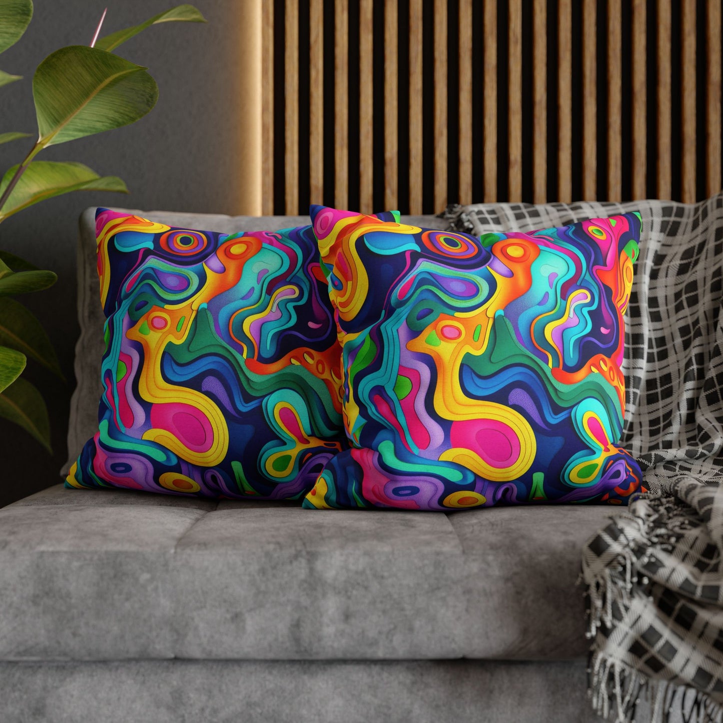 Vibrant Dreamscape of Psychedelic Paper Cut-Out Waves in Vivid Colors Polyester Square Pillowcase 4 Sizes