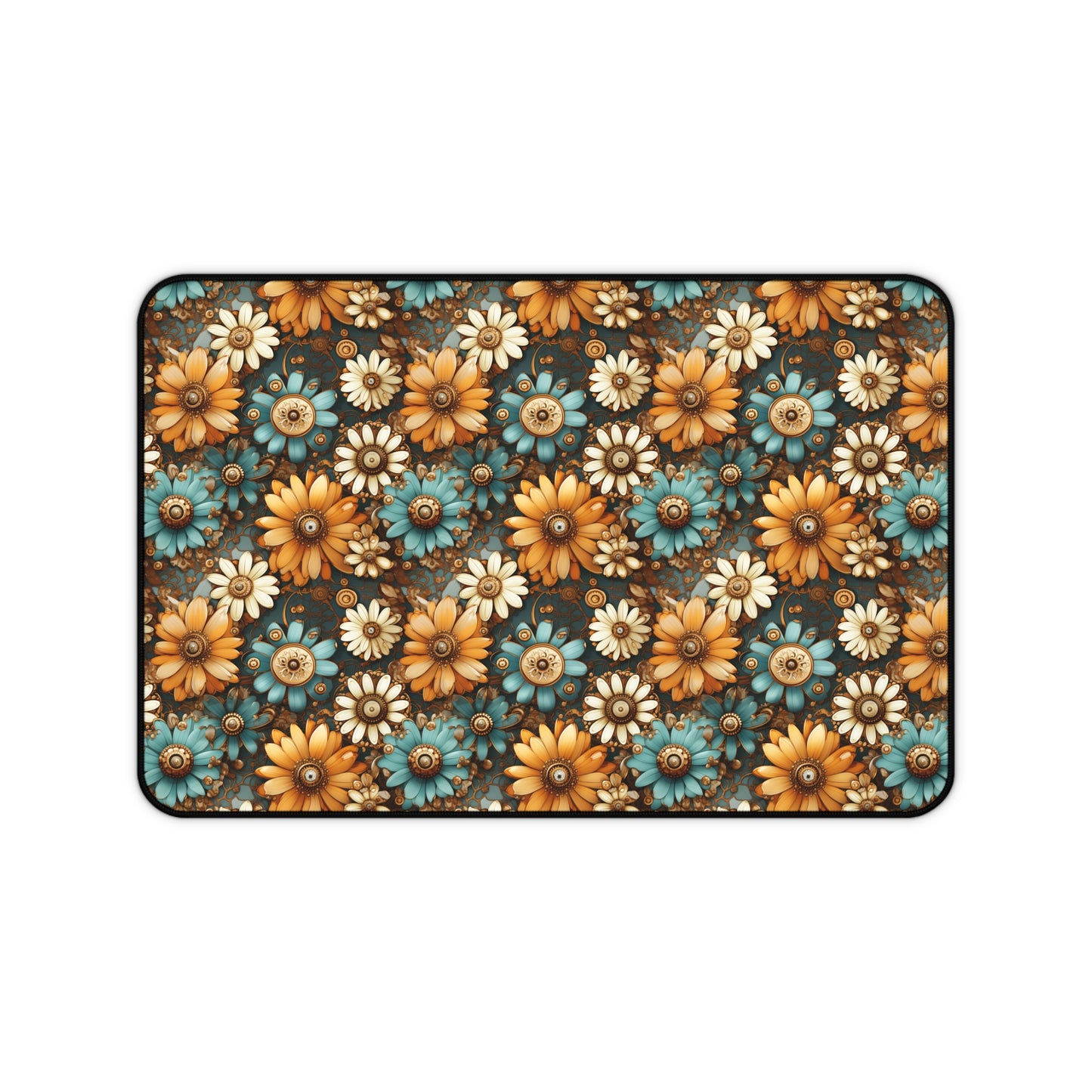 Victorian Steampunk Cream Gold and Teal Flowers with Gears and Mechanical Elements  - Desk Mat Extended Gaming Mouse Pad 3 Sizes