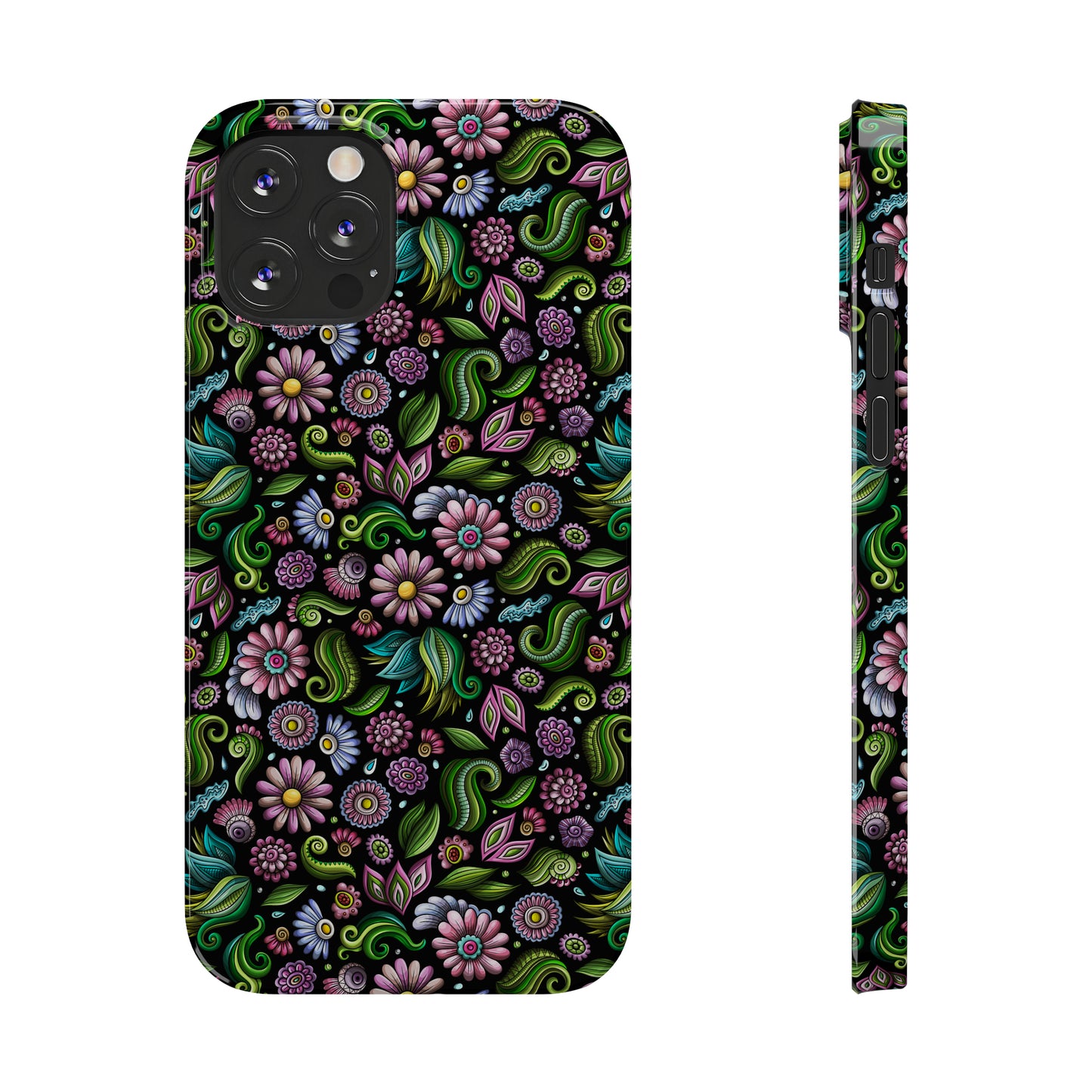 Purple & Pink Daisy Floral Print on Black Background Iphone 15-12 Slim Phone Case