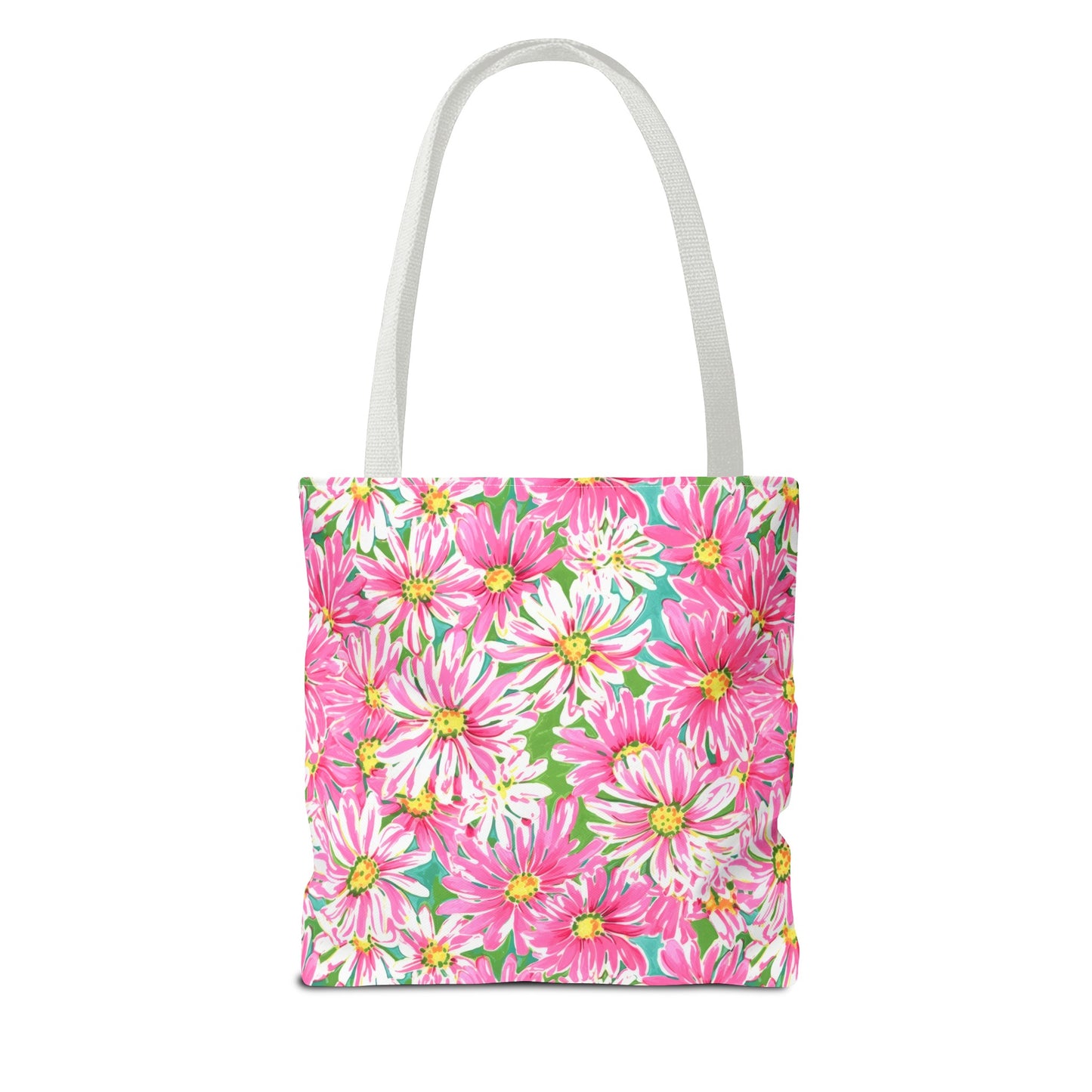 Springs Whisper: Watercolor Pink Daisies Dancing on a Lush Green Stage Canvas Tote Bag 3 Sizes