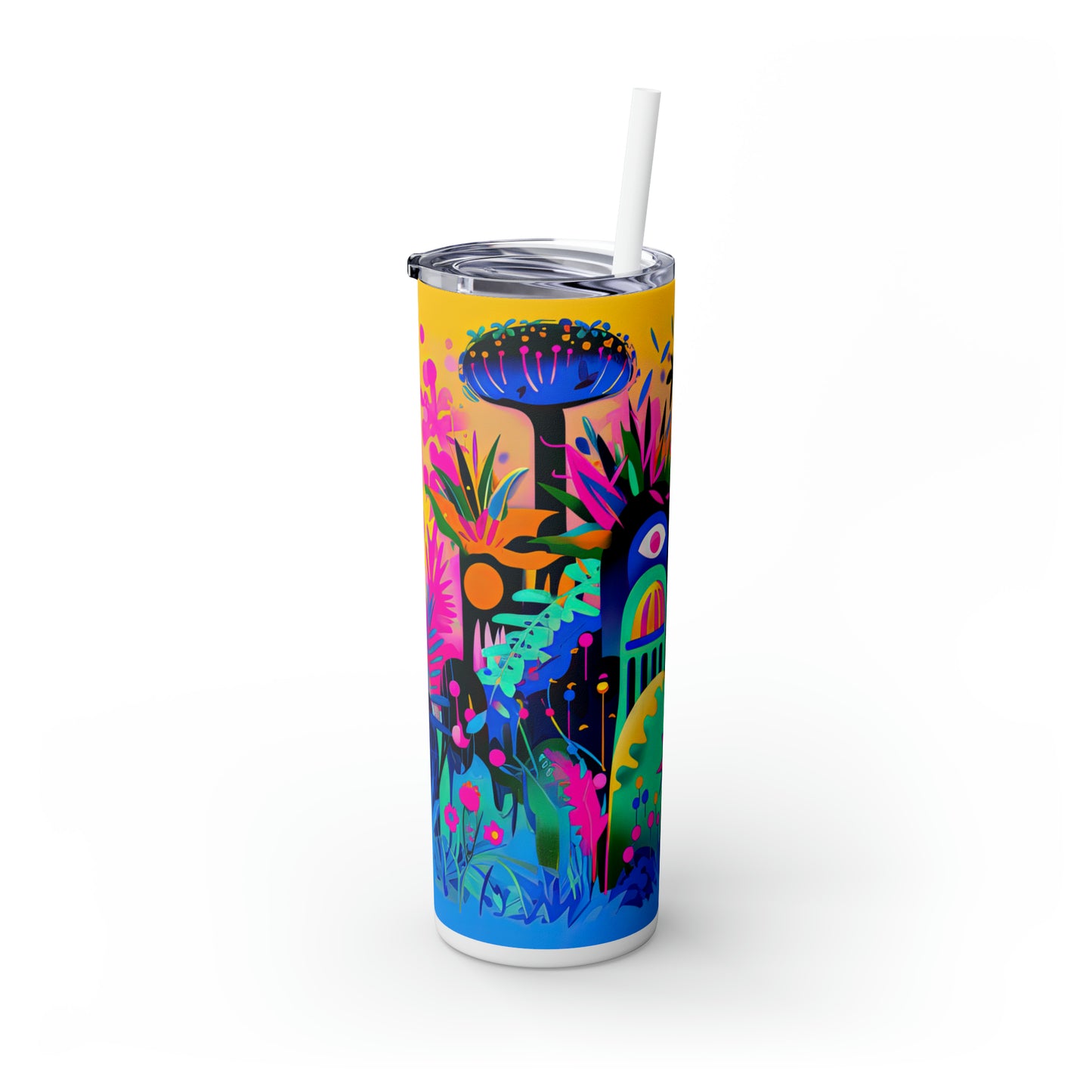 Tropical Neon Jungle Abstract Art Skinny Tumbler with Straw, 20oz