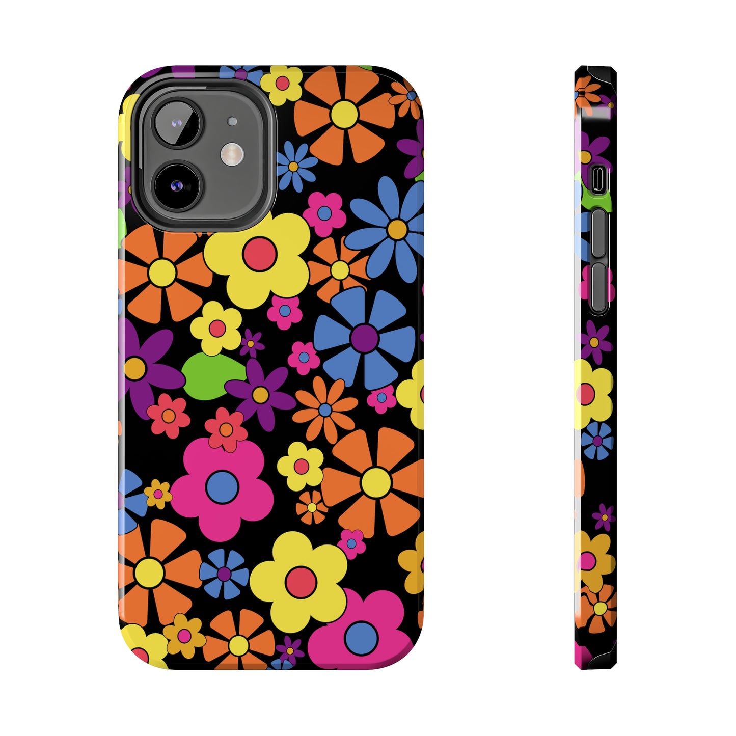 Flower Power Design on Black Background Iphone Tough Phone Case