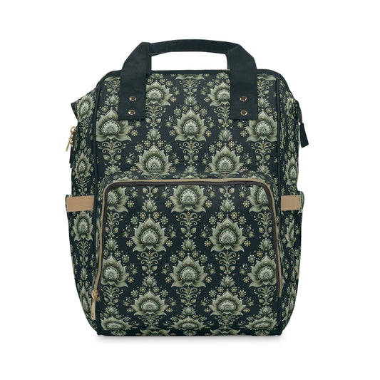 Ornate Green Mandala with Golden Accents on Dark Background Multifunctional Diaper Backpack