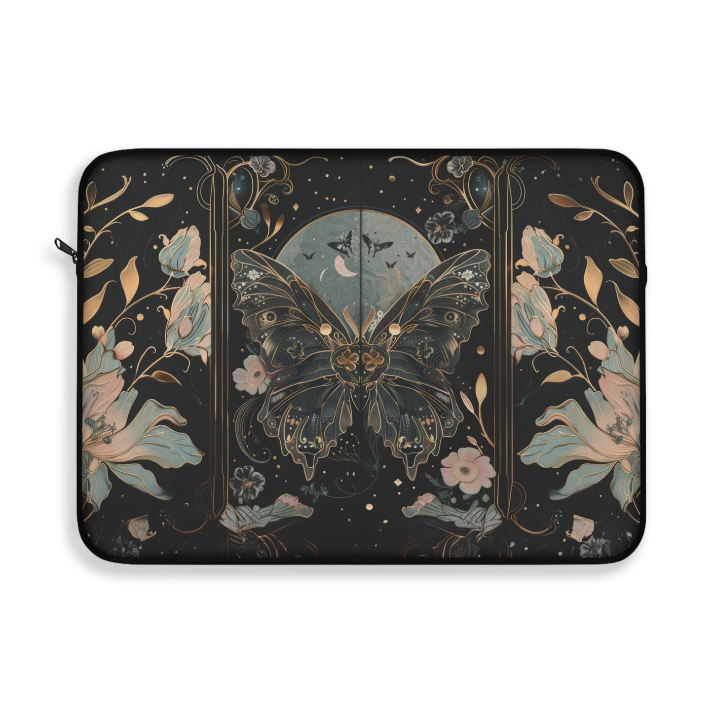 Golden Nocturne Art Nouveau Butterfly and Moonlit Floral Laptop or Ipad Protective Sleeve 3 Sizes Available