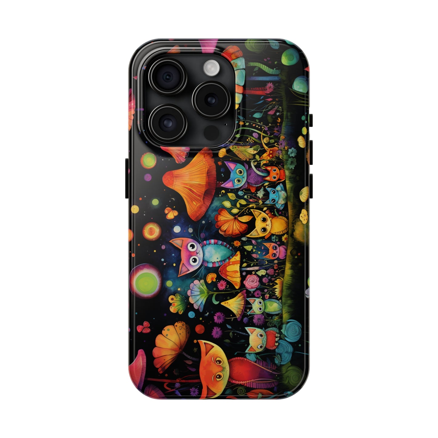 Mystical Cats Amidst a Garden of Flowers and Mushrooms, Beneath a Starry Sky Iphone Tough Phone Case