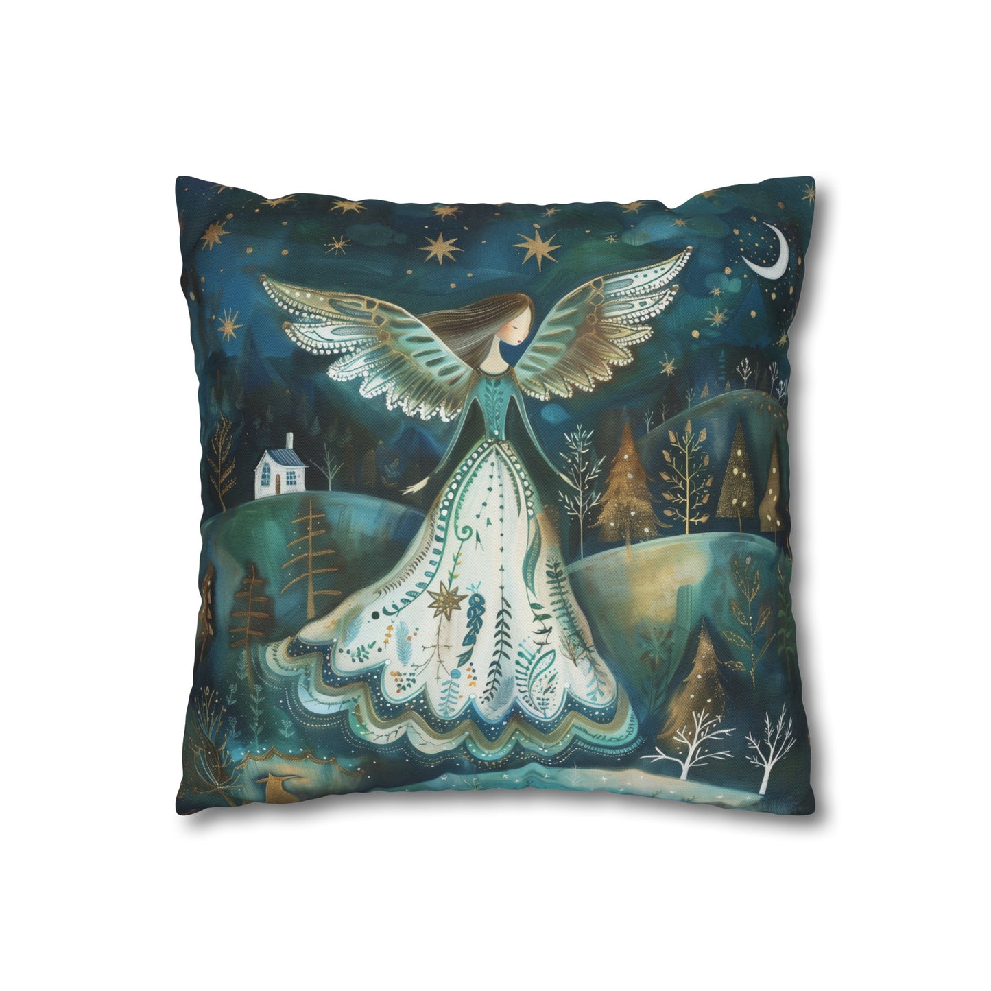 Starry Serenade: Angel in Flowing Dress Amidst a Starry Night Spun Polyester Square Pillowcase 4 Sizes