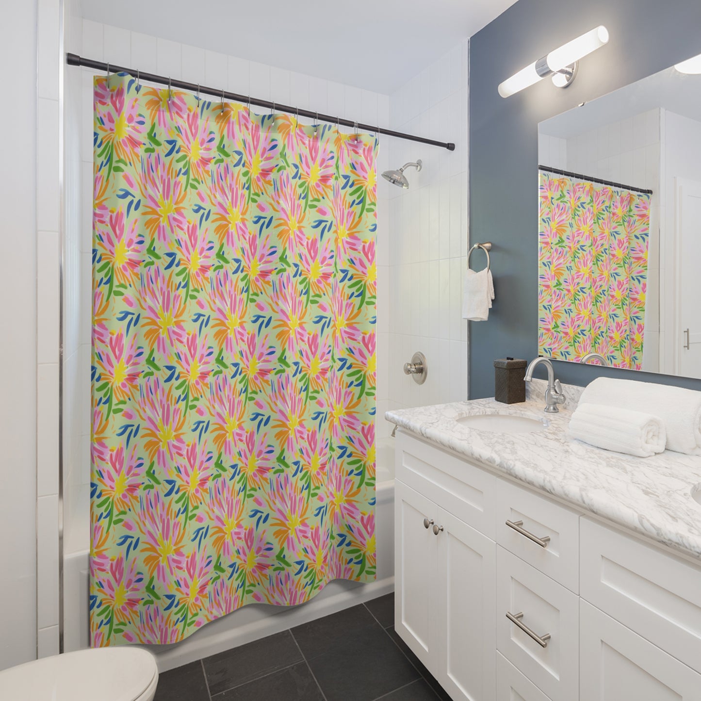 Blossoms in Bloom: Watercolor Pink and Yellow Flower Bursts Design Bathroom Shower Curtain   71" × 74"