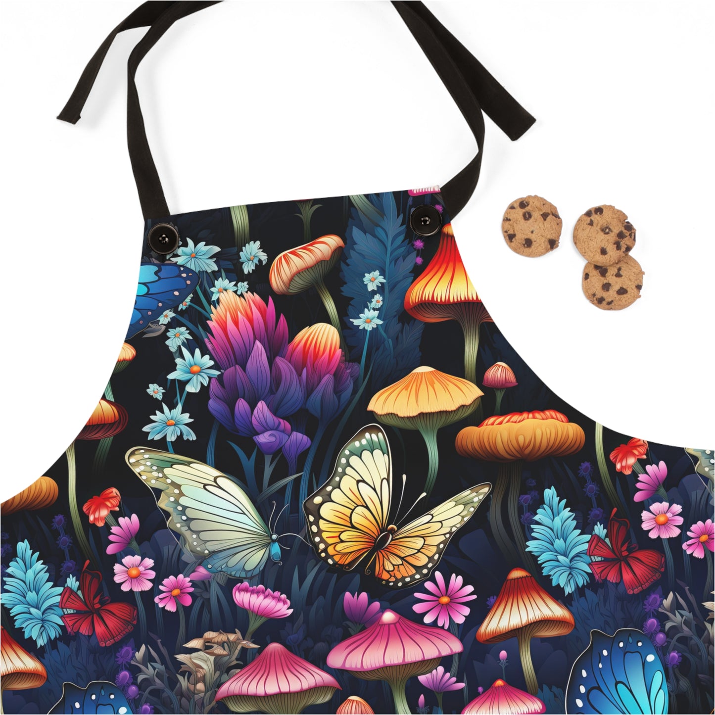 Neon Nocturne: Illuminated Butterfly and Mushroom Silhouettes Against the Night Sky - Kitchen Chef Apron