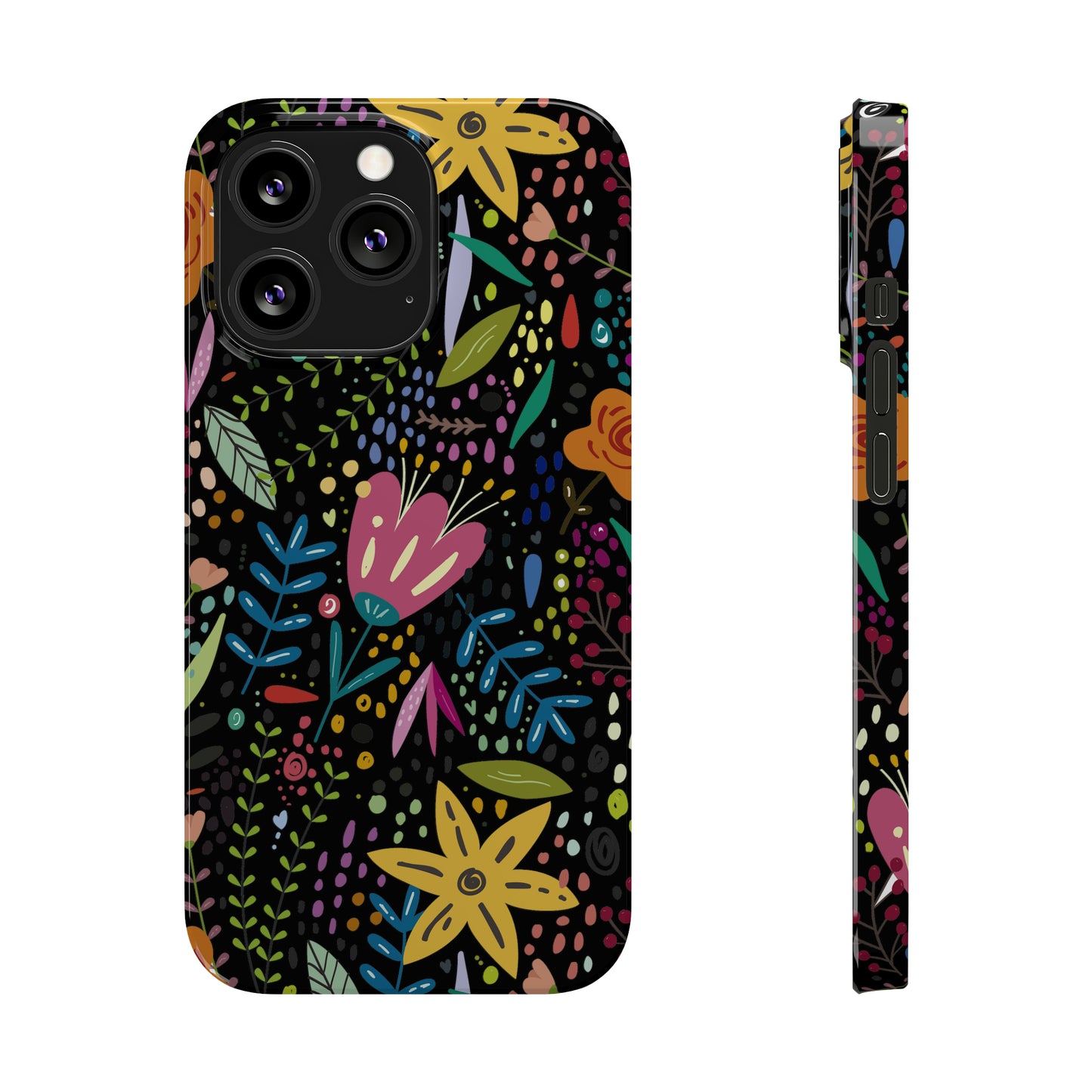 Springtime Splendor: Hand-Drawn Flowers Bursting with Vibrant Colors Design on Black Iphone 15-12 Slim Phone Case