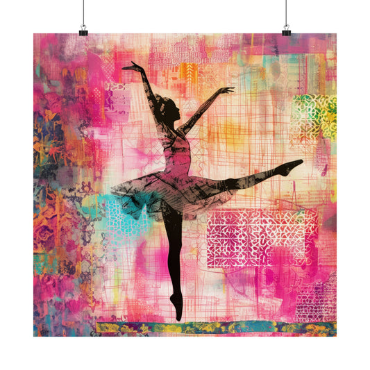 Vibrant Grace: Ballerina Dancing Amidst a Kaleidoscope of Colors Print on Matte Poster - 11 Sizes