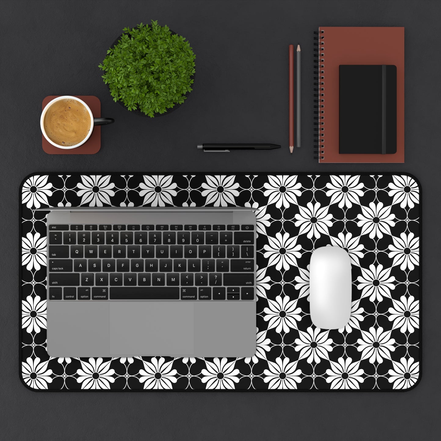 Retro Chic Monochrome Floral Geometric Flowers Extended Gaming Mouse Pad  Desk Mat  - 3 Sizes