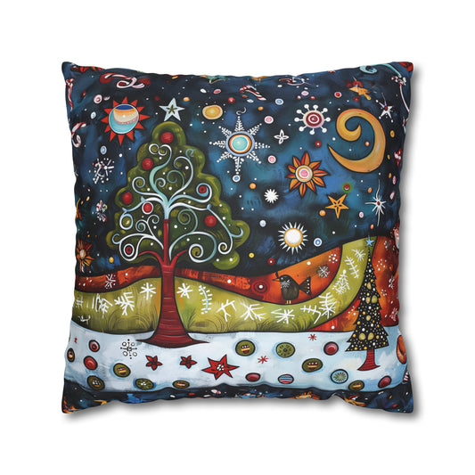 Whimsical Winter Village: Abstract Folk Art Christmas Scene Spun Polyester Square Pillowcase 4 Sizes